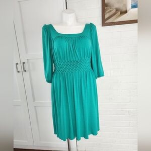 Teal Smocked Waist Dress XL Flowy Knee Length Dress